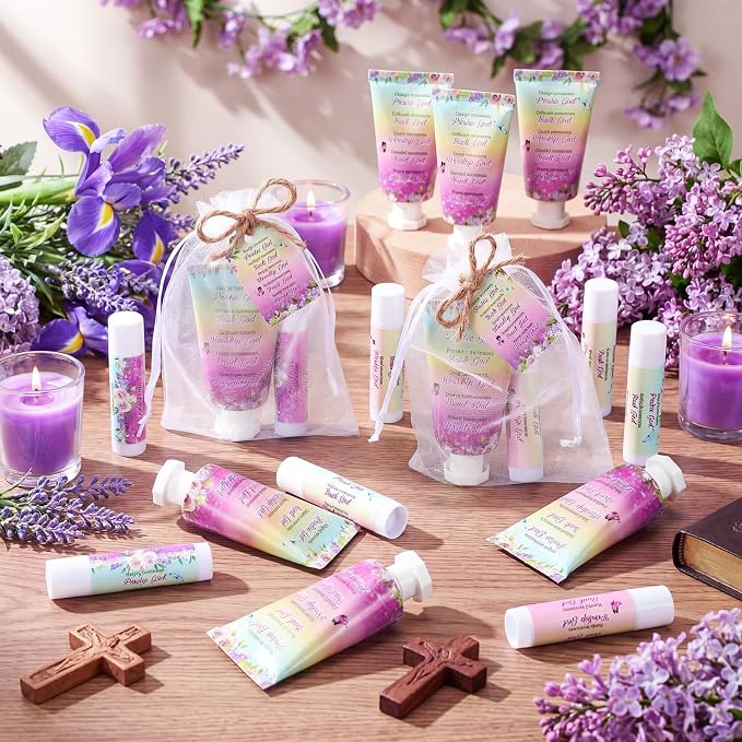 24 Sets Christian Graduation Gifts Hand Cream and Lip Balm Bulk Teacher Appreciation Gifts Bible Verse Thank You Cards with Organza Bag for Graduation Supplies(Flower)
