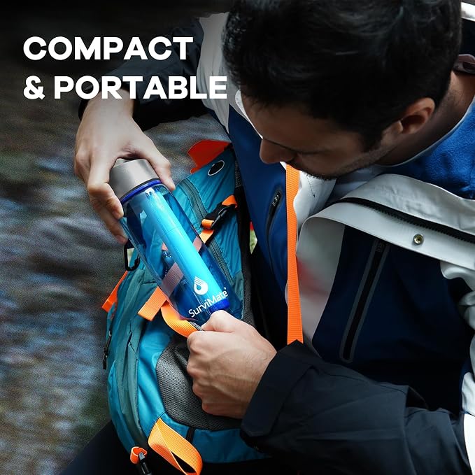 Survimate 5-Stage 0.01μm Ultra-Filtration Filtered Water Bottle, BPA-Free Material, NSF/ANSI 42 Certified, Portable Water Filter Bottle for Survival, Camping, Hiking, and Emergency Use