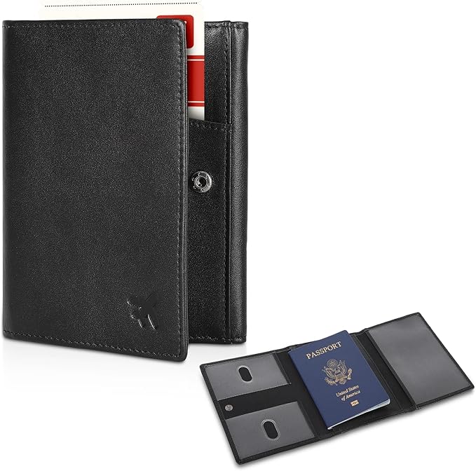 Polare Napa Leather Pilot Wallet Passport Holder RFID Blocking Tri-fold Travel Cover Document Organizer for Aviation Professionals (Black)