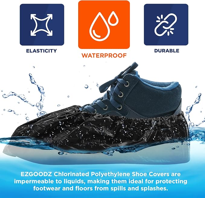 EZGOODZ Black Indoor Shoe Covers Disposable Non Slip, 16 x 6 Inch. 100 Pack Shoe Booties Disposable. 2 Mil CPE Disposable Booties for Shoes Covers. Waterproof Surgical Boot Covers for Outdoor