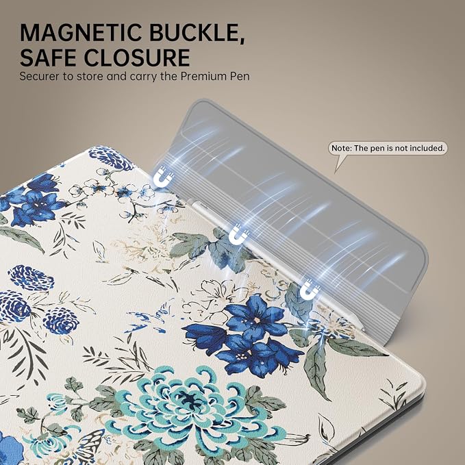 MoKo Magnetic Case for All-New 11" Kindle Scribe 2025(3rd Generation) & Kindle Scribe Colorsoft 2025(1st Gen) - Slim Folio Premium PU Leather Cover with Pen Clasp & Auto Sleep Wake, White Blue Floral