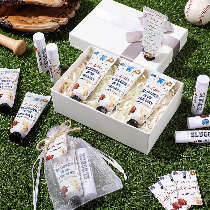 50 Sets 200 Pcs Baby Shower Hand Lotion and Lip Balm Gift a Little Slugger Is on the Way Theme Baby Shower Party Favors Travel Size Hand Lotion and Lip Balm Bulk with Organza Bags Tags