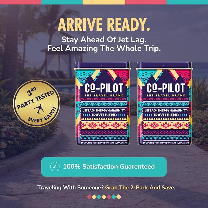Supplement 2 Pack: Jet Lag Prevention + Ashwagandha, Rhodiola, D3+ for Immune Support, Energy, Digestive Health | Airplane Travel Essentials Multivitamin | Vegan | 120 Count