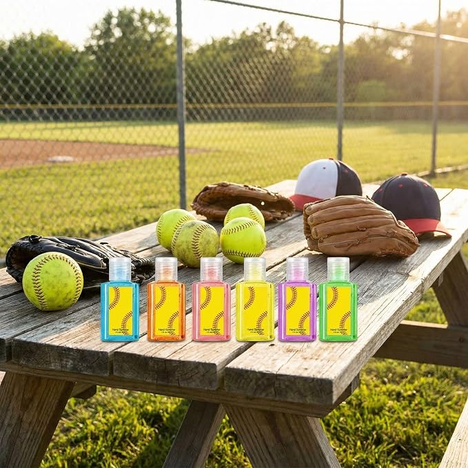 Frienda 48 pack Softball Party Favors Set 24 Pcs Mini Hand Sanitizers and 24 Pcs Keychain Holders Travel Size Sanitizers for Softball Players Coaches Fans Gifts for Team Sports Party Supplies