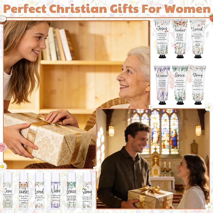 Loopeer 30 Sets Bulk Christian Hand Cream and Lip Balm Set for Women Religious Travel Size Moisturizing Lip Care Mini Religious Gifts for Women Coworker Appreciation Gift