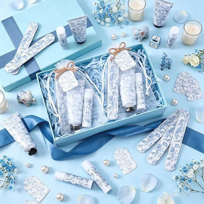 Leelosp 24 Sets Toile De Jouy Baby Shower Hand Cream and Lip Balm Gift Bulk Blue Safari Animal Travel Size Hand Lotion Lip Balm Nail File Gifts Set Baby Bridal Shower Party Supplies for Guests