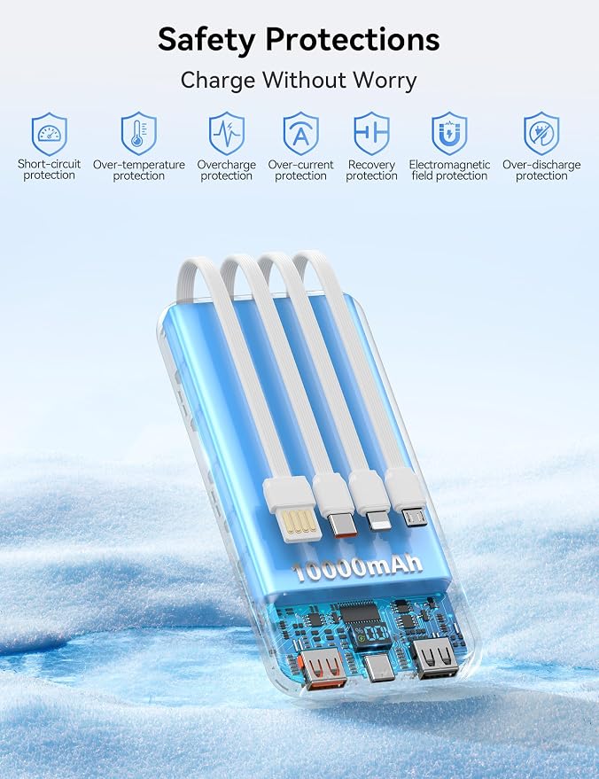 Nusyddy Portable Charger 10000mAh PD20W w/4 Built-in Cables/6 Outputs White | PD20W Fast Charging, LED Display, Pass Through Charging, Charge 6 Devices at once, TSA Approved, Fits iPhone, iPad, Samsung