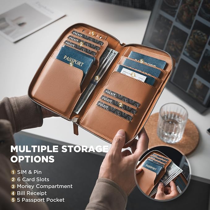 VULKIT Family Passport Holder for 4 Passports - RFID Blocking Travel Wallet Holds Up to 5, Organizer with 4 Slots for Cards & SIM, Secure Zipper Closure, Family Travel Essentials (Brown)