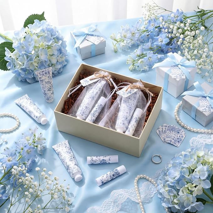Loopeer 48 Sets Blue Floral Bridal Shower Hand Cream and Lip Balm Gift Bulk Blue Flower Wedding Favors Travel Size Hand Lotion and Lip Balm Wedding Bridal Baby Shower Party Supplies for Guests