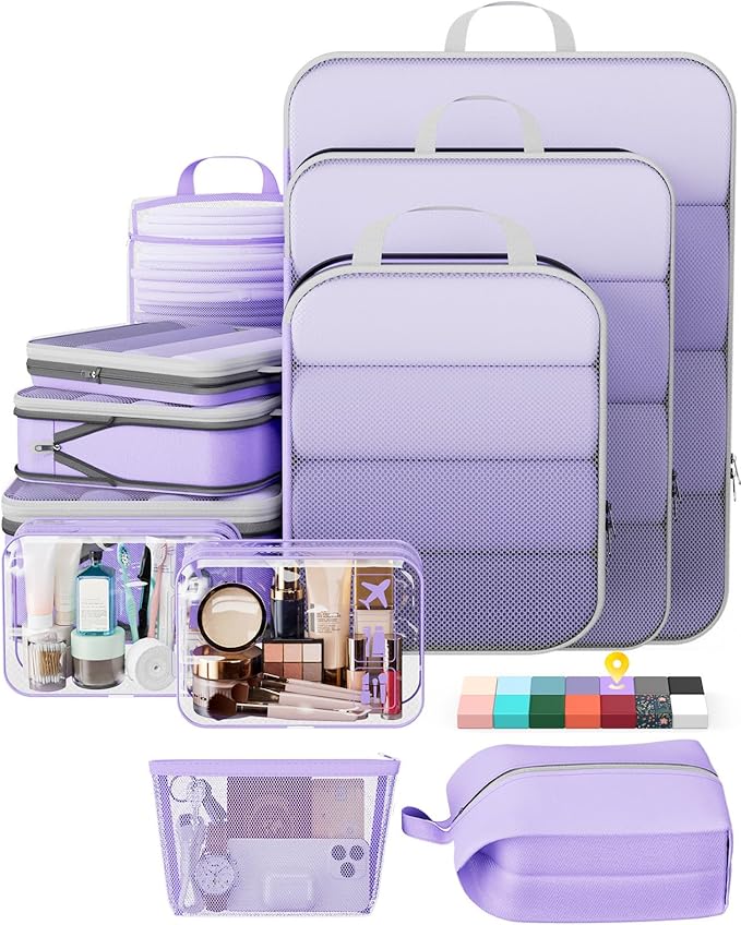 Veken 11 Set Compression Packing Cubes for Travel Essentials,Compressible Expandable Large Luggage Suitcase Organizer Bags for Clothing,Durable Space Saver Storage Bags(Light Purple)