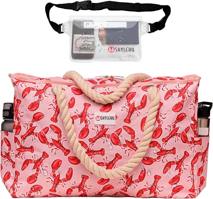 Beach Bag and Pool Bag Has Cooler Pocket, 7 Pockets Total, Zip Top. Family Size Waterproof Beach Tote