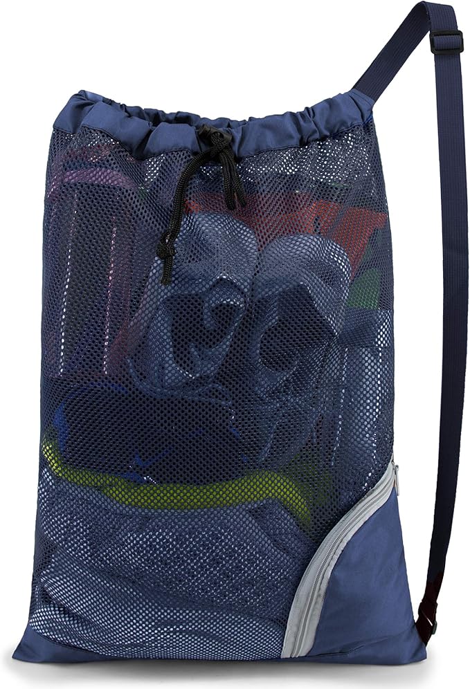 BeeGreen Mesh Drawstring Bag Swim Backpack for Beach Pool Sports Gym Draw String Cinch Bags for Swimming Soccer Basketball Gear Navy