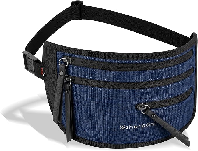 Sherpani Jett, Travel Money Belt, Secure Waist Bag, Slim Passport Holders, Blocking Hidden Wallet Belt Bag, Fanny Pack for Women, Travel Gift, RFID Protection (Indigo Lite)