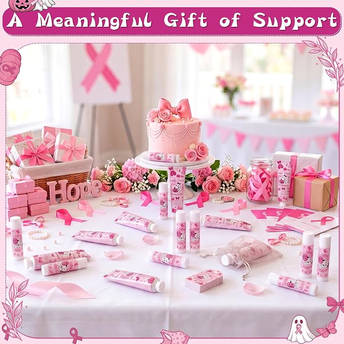 48 Sets Halloween Breast Cancer Hand Cream and Lip Balm Ghost Breast Cancer Awareness Gift for Women Travel Size Hand Lotion Pink Ribbon Survivor Charity Event Campaign Supplies