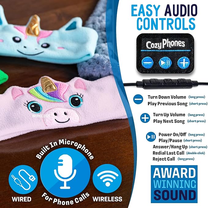 Toddler Headphones Wireless, Kids Bluetooth Earphones, Safe Volume - Wired School Headphones for Kids with 3.5 MM Jack and Travel Bag - Toddler Airplane Accessories for Boys & Girls - Purple Unicorn