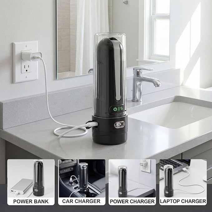 Electric Portable Bidet for Travel, Rechargeable for Women Postpartum, Period & Hygiene | 3 Pressure Modes, 260 Uses/Charge, IPX7 Waterproof, Foldable & Compact, Standard Bottle Fit, USB-C Charging, Black