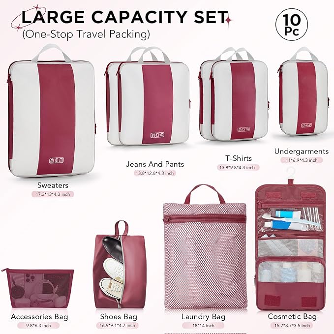 10 Set Compression Packing Cubes for Travel Essentials,Compressible Expandable Packing Cubes for Suitcase,OlarHike Luggage Garment Bags for Travel,Handy Helper for Organizing Clothes(Wine Red)
