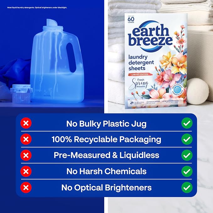 Earth Breeze Laundry Detergent Sheets Fresh Spring Blossoms - 60 Loads - Eco Laundry Sheets - Travel Laundry Soap Sheets for Hot & Cold Cycles - Tackles Tough Stains & Odors - Gentle on Skin, 30 Ct