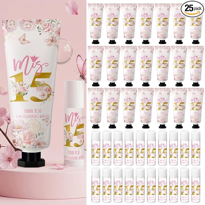 Leelosp 50 Pcs/25 Sets Quinceanera Party Favor Gifts for Guests 15th Thank You Gifts Girl Pink Hand Cream and Lip Balm Sweet 15th Birthday Party Favors for Guests