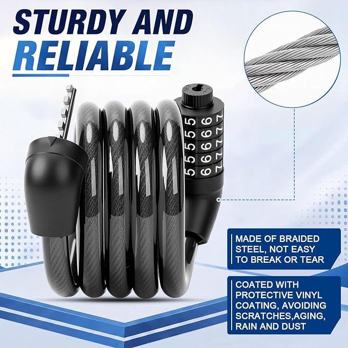 10 Pcs Bike Lock Cable with Combination, 4 Feet 1/2 Inch Coiled Preset Bike Lock High Security 5 Digit Bicycle Locks Anti Theft Bikes Accessories Black Bicycle Cable Locks, 5/6 Inch Diameter