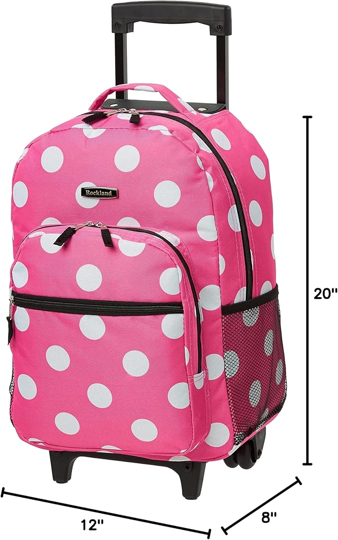 Rockland Double Handle 17" Rolling Backpack, Pink Dot