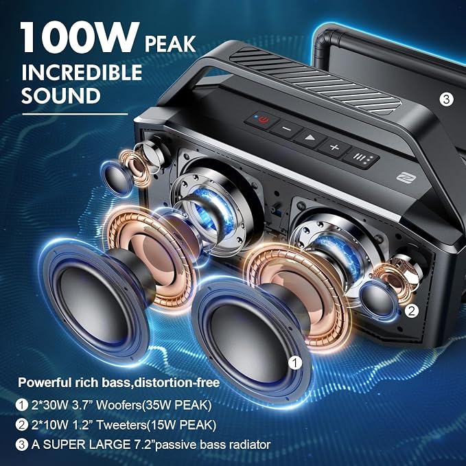 W-KING Loud Bluetooth Speaker, 100W Max IPX6 Portable Outdoor Speakers Bluetooth Wireless/60W Deep Bass Radiator/2 Subwoofer/2 Pairing/40H/TF/AUX/EQ, IPX6 Party Big Large Waterproof Speaker Boombox
