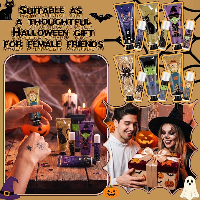 6 Pack Halloween Hand Cream and Lip Balm Gifts Sets for Women Mini Hand Lotion Bulk Travel Size Moisturizing Cream Halloween Party Favors for Boo Basket Stuffers 6 Natural Plant Fragrances