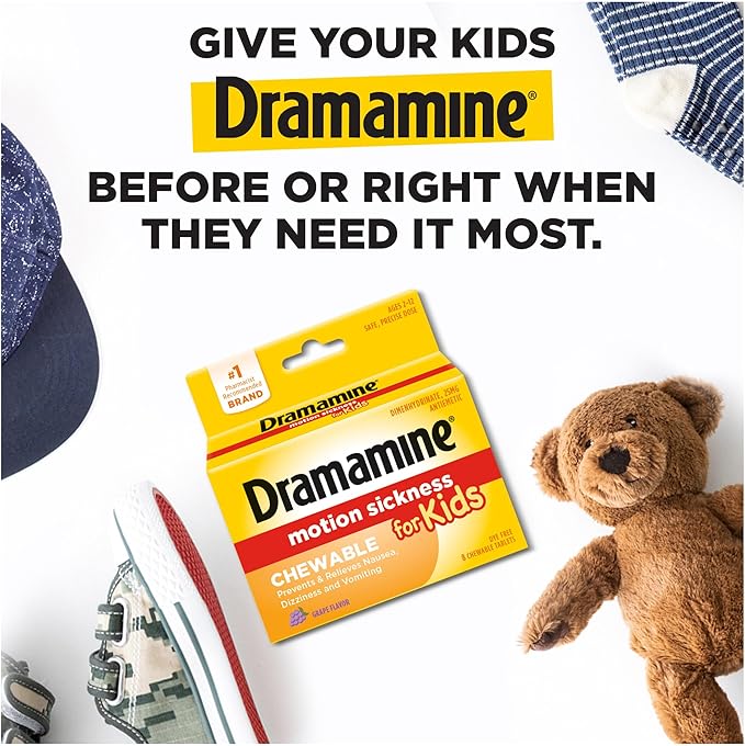 Dramamine Motion Sickness Relief for Kids - Chewable Grape Flavor, 8 Count (Pack of 2)