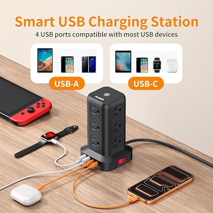 Extension Cord with Multiple Outlets, SMALLRT Surge Protector Power Strip Tower, 10FT Outlet Extender with 12 AC Outlets 4 USB, Power Strip with USB Ports for Home Office Dorm Room,Overload Protection