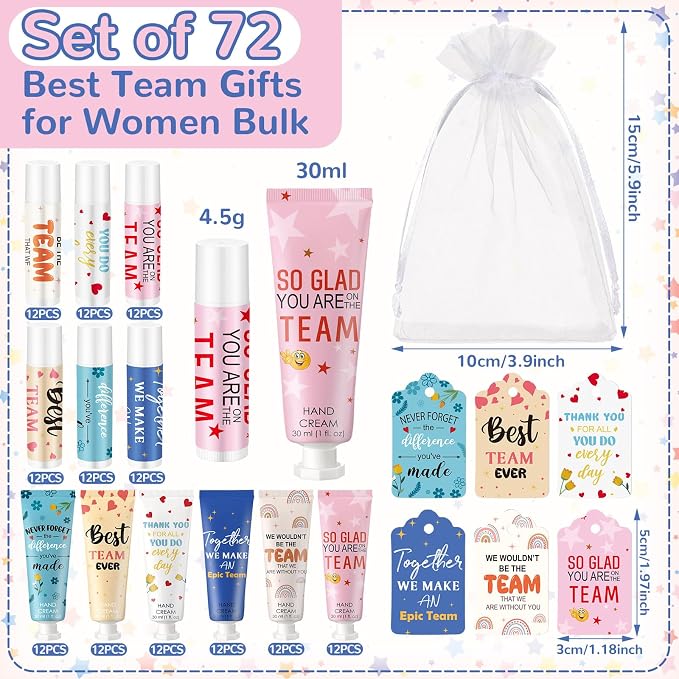 72set/288pcs Best Team Ever Gifts Team Appreciation Thank You Gifts for Coworkers Women Employee Appreciation Gift Party Favors Basket Stuffers Items Travel Hand Lotion and Lip Balm Set