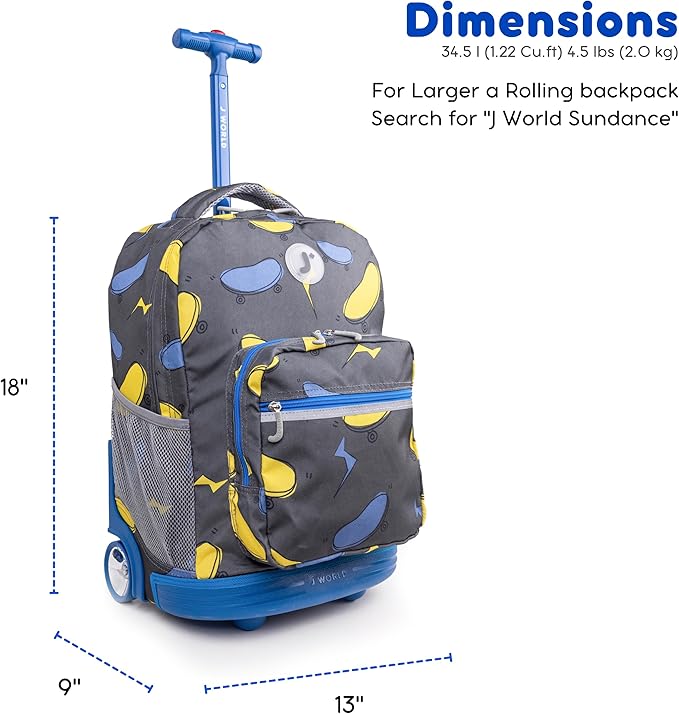 J World Sunrise Kids Rolling Backpack for Boys Girls. Roller Bookbag With Wheels For School, Liteboard
