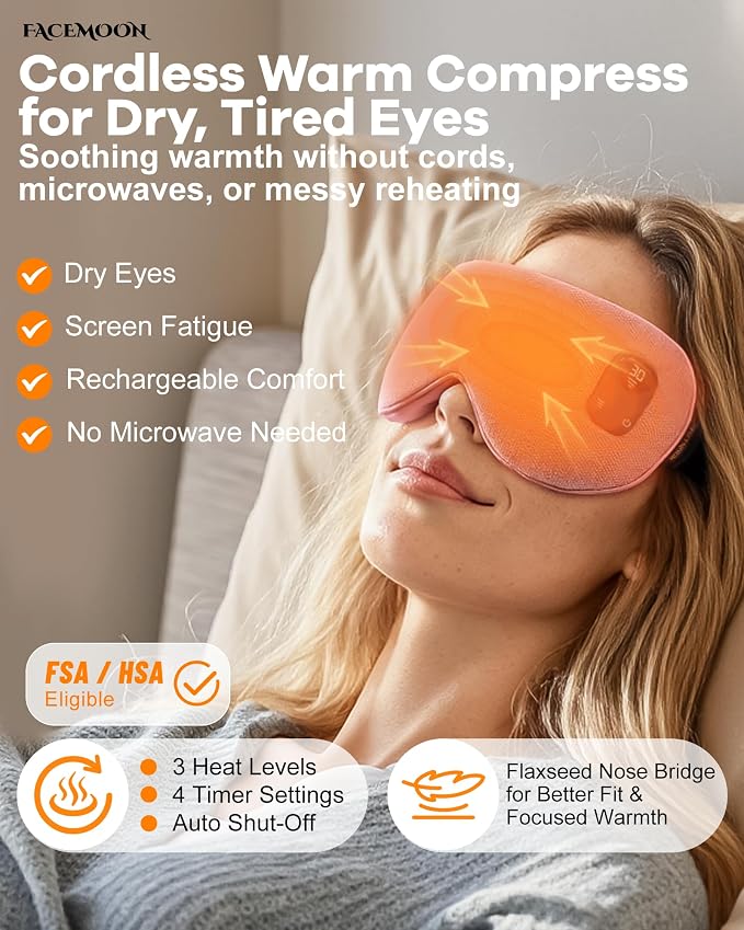 Cordless Heated Eye Mask for Dry, Tired Eyes, Hot Compress with Flaxseed Nose Bridge for Better Blackout & Focused Warmth, Rechargeable Warm 3 Heat Levels, 4 Timers, No Microwave Needed, Pink