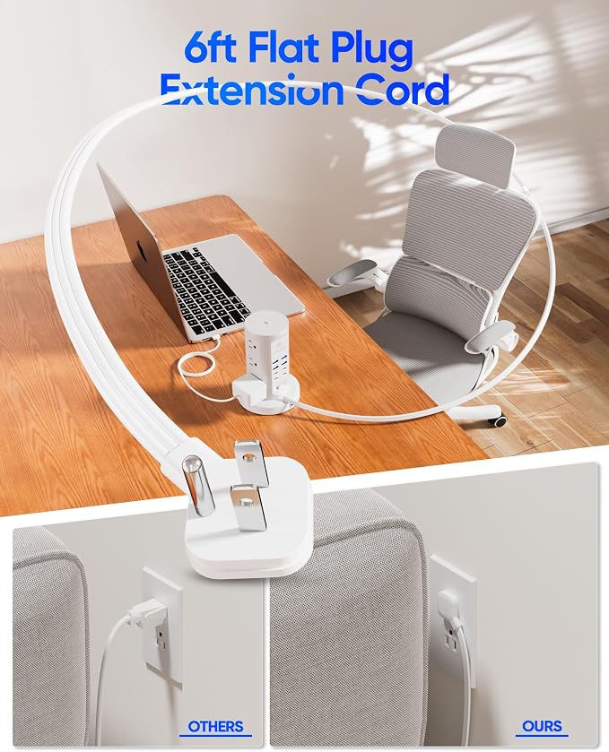 Power Strip Tower, kakyanill Surge Protector Tower 9 AC Outlets 8 USB (4 USB C), 6 Ft Retractable Extension Cord, Charging Station for Office Dorm Room, White