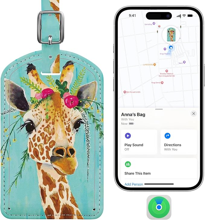 Luggage Tags Built-in Anti-Loss Tracker & Luxury Leather(Giraffe) | for Suitcase, Travel Bags, Backpacks, Travel Organizer for Lost Baggage Prevention