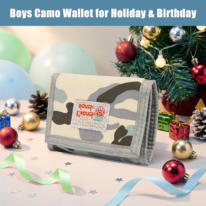 Rough Enough Kids Wallet for Boys Teen, Light Blue Camo Canvas | RFID Blocking, Lanyard, Keychain, 5 Card Slots, 3 Zippered Pockets, Suitable for Travel, Camping, Outdoor Sports