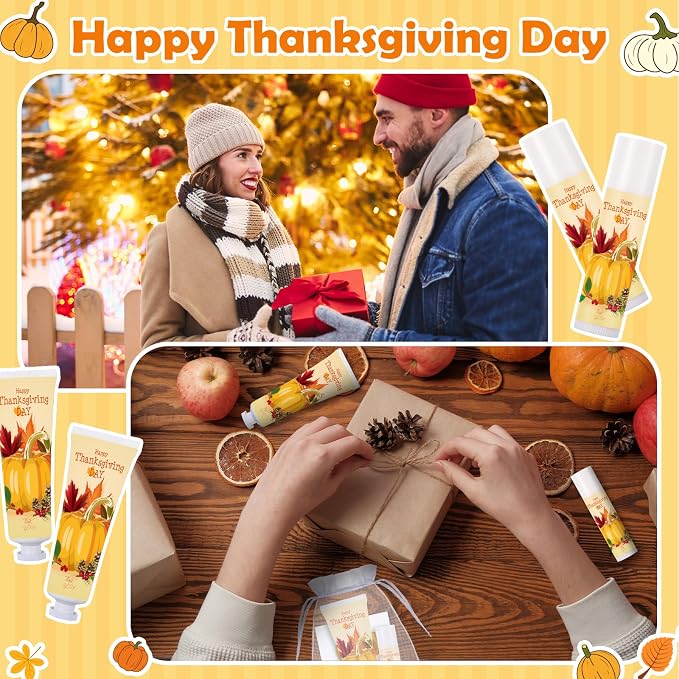 30 Sets Thanksgiving Fall Hand Cream and Lip Balm Set Pumpkin Friendsgiving Hand Cream Bulk Mini Pumpkin Lotion Travel Size with Organza Bag Tag for Thanksgiving Friends Giving Party Favor