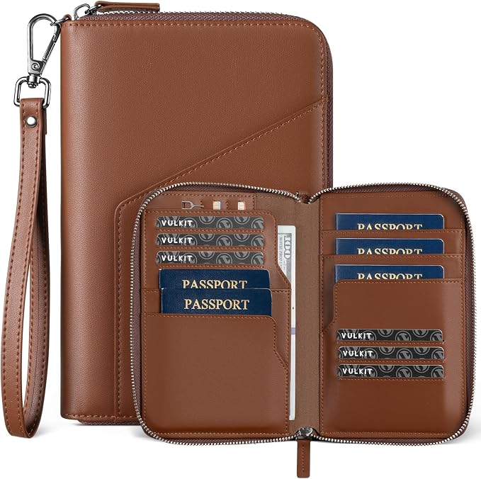 VULKIT Family Passport Holder for 4 Passports - RFID Blocking Travel Wallet Holds Up to 5, Organizer with 4 Slots for Cards & SIM, Secure Zipper Closure, Family Travel Essentials (Espresso)