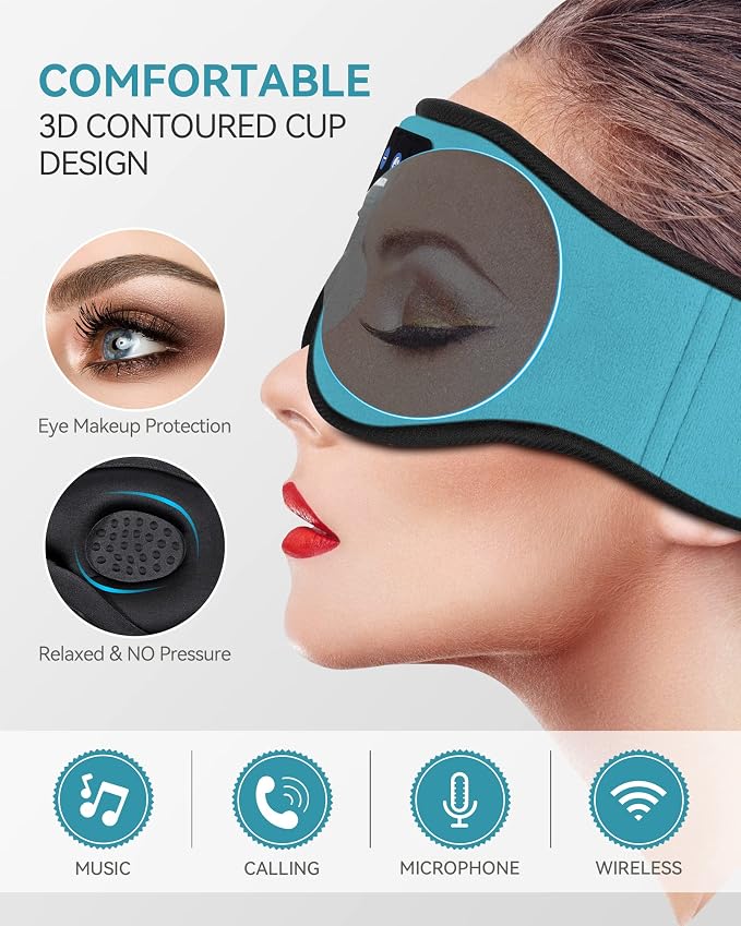 MUSICOZY Bluetooth Sleep Mask Headphones 5.4, Wireless Over-Ear Headphones Washable Zipper Sleep Headphones Mask with HD Stereo Speakers for Side Sleepers Travel & Relaxation, Gifts for Men Women