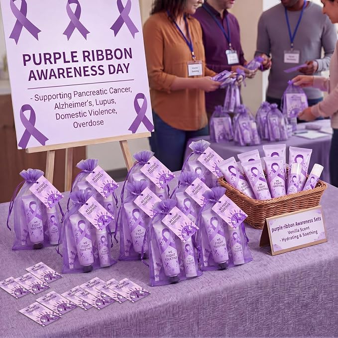 30 Sets Purple Ribbon Awareness Gift Set, Bulk Pancreatic Cancer Hand Cream Lip Balm Set with Organza Bags, Encouragement Cards for Domestic Violence, Lupus, Alzheimer's, Overdose Awareness