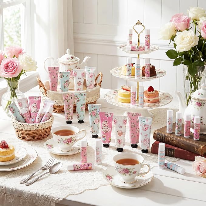 48 Sets Tea Party Favors Mini Hand Cream Lip Balm Bulk Gift Set for Women Wedding Party Favors for Guests Travel Size Hand Lotion Vintage Floral Moisturizing Lip Balm Gifts for Baby Shower