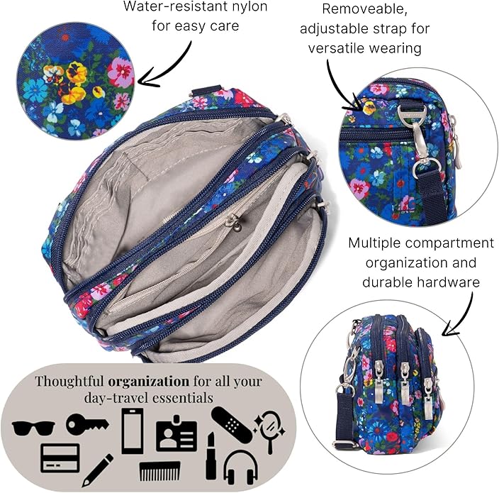 Baggallini Triple Zip Small Crossbody Bag for Women - Lightweight Convertible Fanny Pack Belt Bag