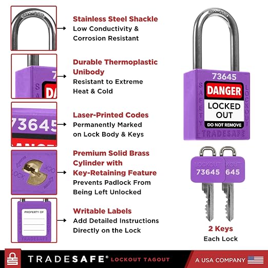 TRADESAFE Lockout Tagout Locks Set - 7 Purple Loto Locks, Lockout Locks Keyed Different, 2 Keys Per Lock, OSHA Compliant Lock Out Tag Out Padlocks, Safety Padlocks for Electrical Lockout Tag Out Kits