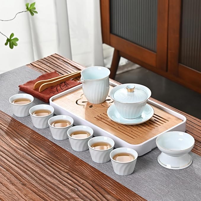 Chinese Tea Set, Gaiwan Tea Set with 6 Cups, Chinese Gongfu Teaset, Gold-plated Edge Craftsmanship(GaiwanB 6cups)