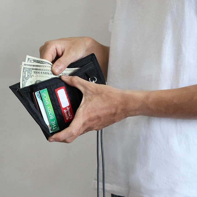 Rough Enough Kids Wallet for Boys Teens with Neck Lanyard Keychain Zipper Coin Pocket Card Holder Black Soft Nylon