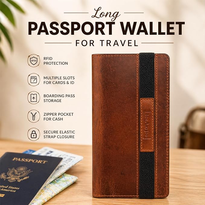Tan Leather Long Passport Wallet - Travel Document Organizer with Card Slots ID Window Zipper Pocket Slim Passport Holder for Travel & Everyday Use, 5 x 9