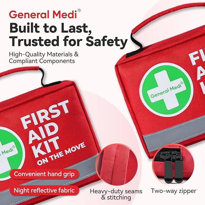 General Medi First Aid Kit - 150 Pieces Small Compact First Aid Kit Bag - Includes Instant Cold Pack, Emergency Blanket for Travel, Home, Office, Vehicle, Camping
