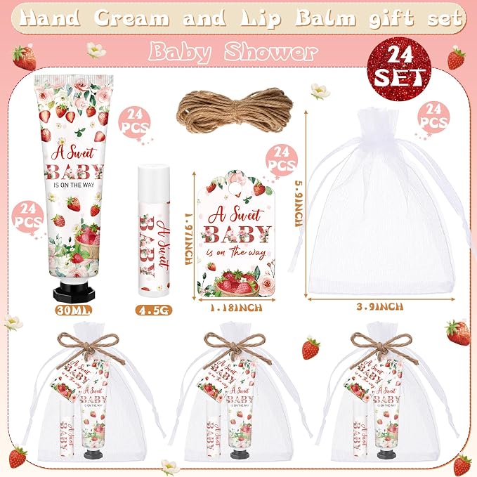 24 Sets Strawberry Baby Shower Hand Cream and Lip Balm Gift Sets Sweet Baby Is on the Way Party Favors for Guest Travel Size Hand Lotion and Lip Balm Bulk Strawberry Shower Party Favor Supplies