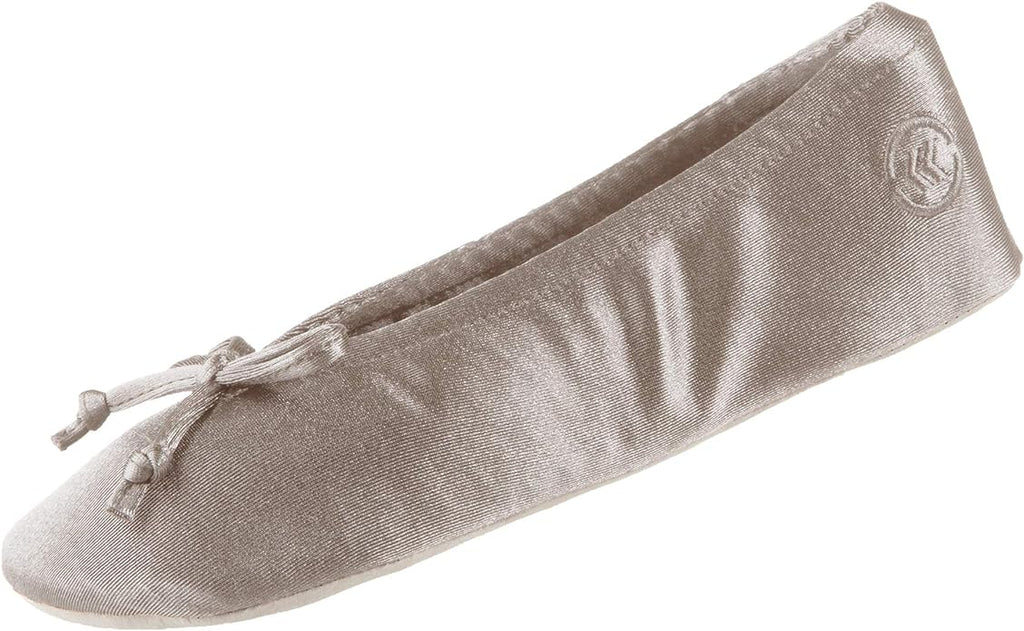 Isotoner Women's Satin Ballerina Slippers with Classic Ribbon Bow and Suede Sole
