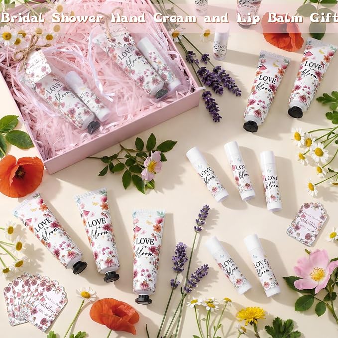 24 Sets Love Is in Blooming Hand Cream and Lip Balm Gift Pink Floral Wildflower Bridal Shower Favors for Guest Travel Size Hand Lotion and Lip Balm Bulk Bridal Shower Birthday Party Supplies