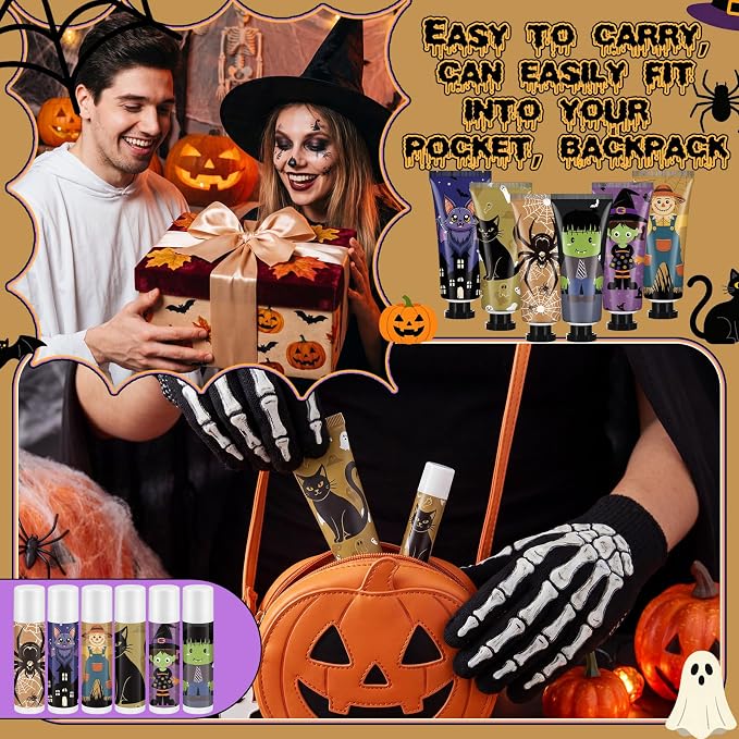 48 Pack Halloween Hand Cream and Lip Balm Gifts Sets for Women Mini Hand Lotion Bulk Travel Size Moisturizing Cream Halloween Party Favors for Boo Basket Stuffers 6 Natural Plant Fragrances